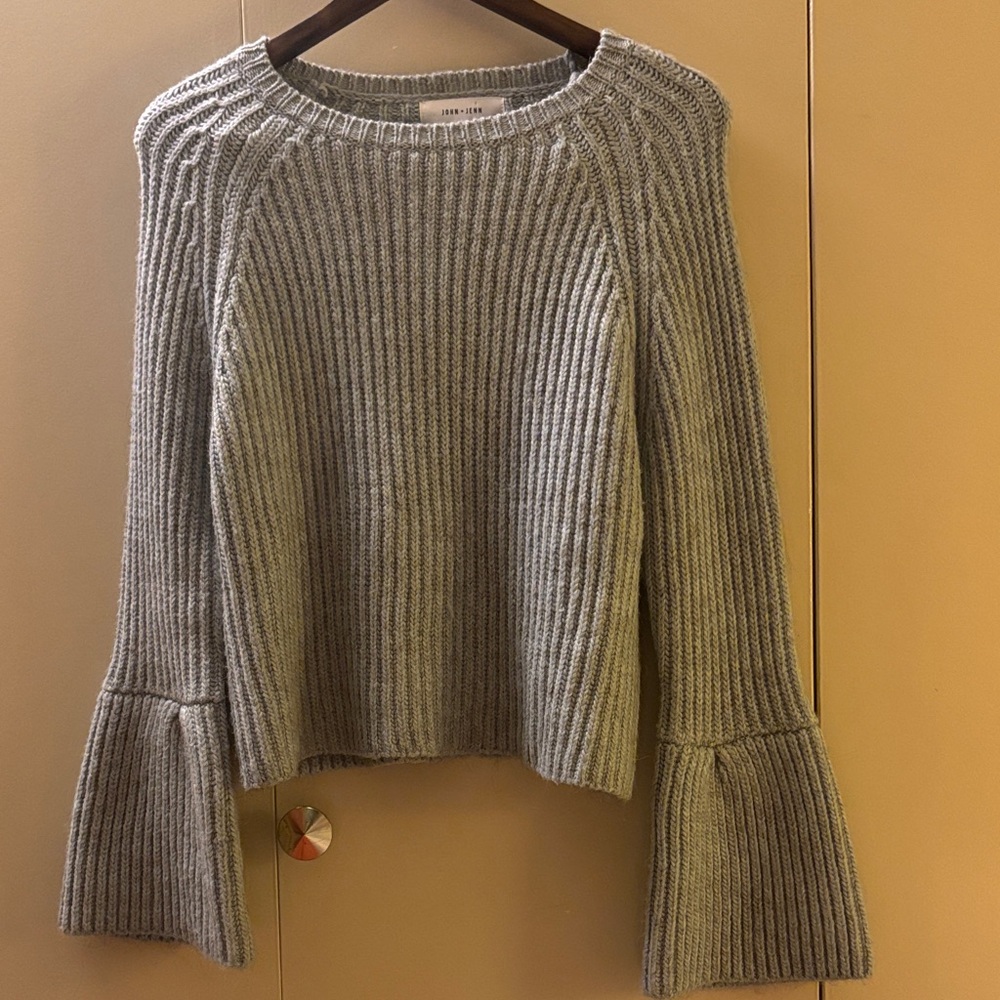 John + Jenn Marlee Ribbed Flared Bell Sleeve Sea Mist Alpaca Blend Sweater Small